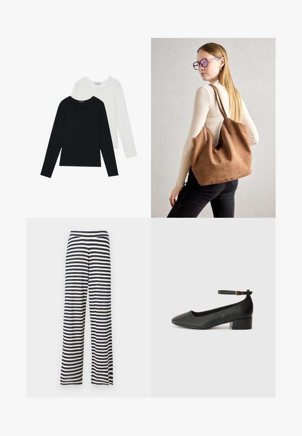 Dos camisetas de manga larga, una negra y otra blanca, ambas con escote cuadrado y confeccionadas en un tejido suave y elástico.; Pantalones de pierna ancha hechos de tejido de punto, con franjas horizontales en marino y crema, superficie texturizada y cinturilla elástica.; Zapato de tacón negro de cuero con punta afilada y tacón bajo cuadrado. Presenta una correa para el tobillo con una hebilla en tono dorado. Textura suave.; Bolso de tote de ante marrón con textura suave, gran abertura y asas largas. Presenta un diseño sencillo con costuras visibles y sin herrajes.