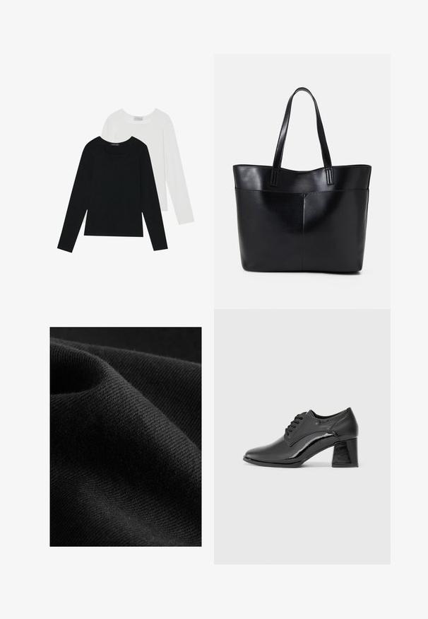 Două bluze cu mânecă lungă, una neagră și una albă, ambele având un guler pătrat și fiind confecționate dintr-un material moale și elastic.; Material negru cu textură fină și un luciu subtil, prezentând un model de țesătură diagonală și o cădere moale, flexibilă.; Pantofi din piele patent neagră, cu vârf rotund, design cu șireturi și toc chunky rectangular. Textură netedă cu un finisaj lucios.; Geantă oversized din piele neagră, cu două mânere lungi, de textură netedă și formă structurată. Are un buzunar frontal pentru stocare suplimentară.