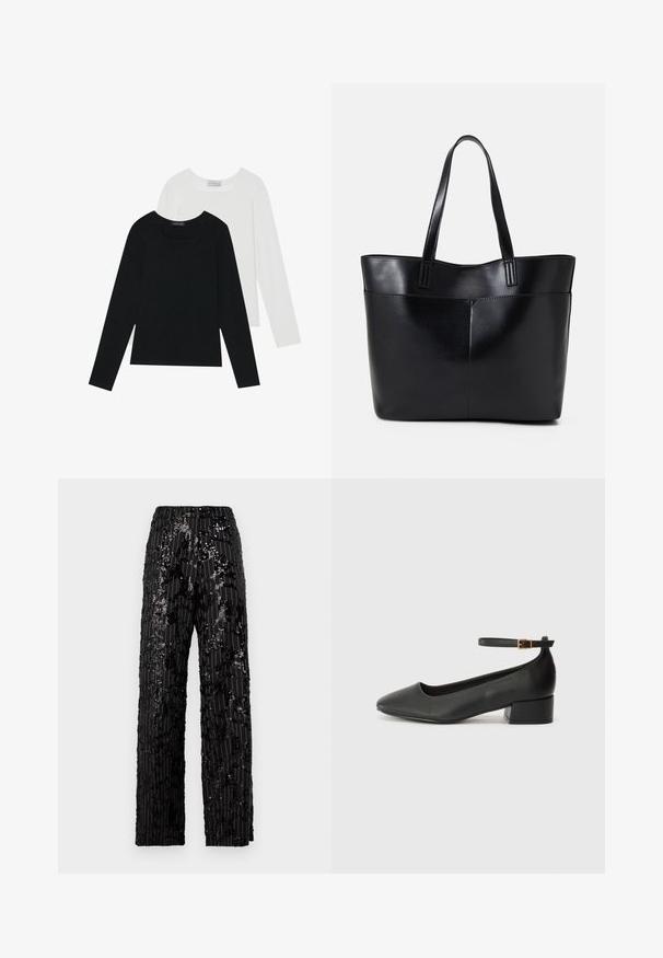 Twee shirts met lange mouwen, één zwart en één wit, beide met een vierkante halslijn en gemaakt van zacht, rekbaar materiaal.; Zwarte pailletten broek met brede pijpen en een gestructureerd oppervlak, voorzien van verticale strepen en een ontspannen pasvorm, wat een glinsterende uitstraling biedt.; Zwarte leren pump met een spitse neus en een lage blokhak. Beschikt over een enkelband met een goudkleurige gespsluiting. Gladde textuur.; Zwarte leren tote bag met twee lange handvatten, een zachte textuur en een gestructureerde vorm. Voorzien van een voorvak voor extra opslagruimte.