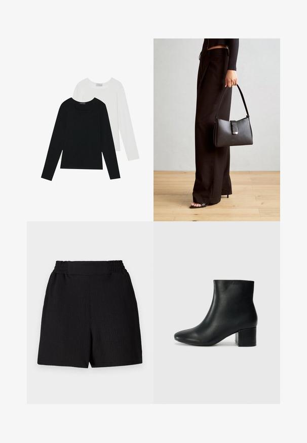 Du suknelės su ilgomis rankovėmis, viena juoda ir viena balta, abi su kvadratiniu iškirpimu ir pagamintos iš minkštos, elastingos medžiagos.; Juodi šortai su tekstūruotu audiniu, elastinga juosmeniu ir tiesiu siluetu. Išsiskiria švaria dizaino linija be papildomų akcentų ar raštų.; Juodos odinės aulinės botai su smailiu priekiniu pirštu ir storu kulnu. Lygus tekstūra su minimaliomis detalėmis ir elegantišku, tvirtai priglundančiu dizainu.; Juodas rankinė struktūrizuota forma, lygi tekstūra ir metalinis užsegimas. Suporuota su plačiomis juodomis kelnėmis ir atvirais bateliais ant medinių grindų.