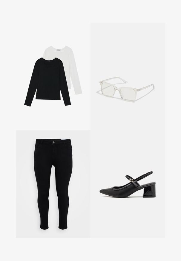 Două bluze cu mânecă lungă, una neagră și una albă, ambele având un guler pătrat și fiind confecționate dintr-un material moale și elastic.; Pantaloni negri slim-fit cu închidere prin buton și fermoar, buzunare frontale și dorsale, și curea pe un fundal alb simplu.; Cizme cu toc slingback din piele sintetică lacuită neagră, cu vârful ascuțit, un design cu decupaj rotunjit și toc bloc. Include un accent cu cataramă de culoare aurie.; Ochelari de vedere cu rame pătrate din plastic transparent, dotate cu lentile translucide și accente aurii pe temple pentru un detaliu suplimentar.
