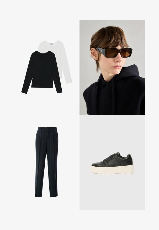 Twee shirts met lange mouwen, één zwart en één wit, beide met een vierkante halslijn en gemaakt van zacht, rekbaar materiaal.; s.Oliver Relaxed fit jeans - dunkelgrau; Zwarte leren sneaker met een gladde textuur, dikke crème-kleurige zool, ronde neus en een klassieke vetersluiting. Subtiele stikseldetails.; Zwarte oversized zonnebril met een glanzende afwerking, rechthoekige vorm, bruin getinte lenzen en gouden logo-details op de pootjes.