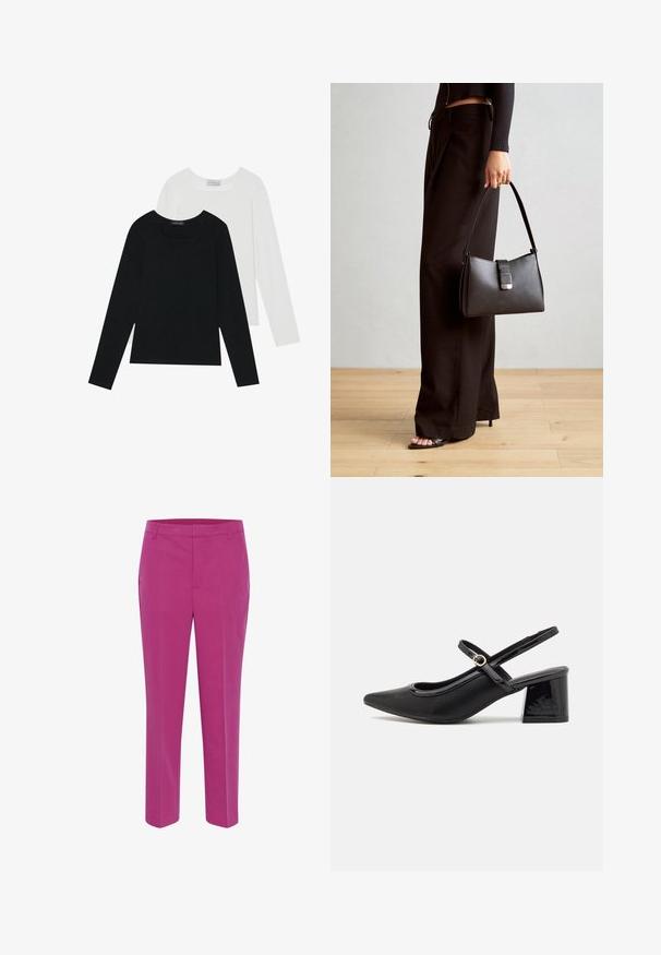 Dva dugo rukava, jedan crni i jedan bijeli, oba s kvadratnim izrezom i izrađeni od mekane, rastezljive tkanine.; Kaffe KASAKURA - Chino hlače - festival fuchsia; Crne lakirane slingback visoke potpetice s šiljastim vrhom, zaobljenim izrezom i blok potpeticom. Sadrži akcent zlatnog tona s kopčom.; Crna torba s oblikom koji sadrži strukturu, glađu teksturu i metalnu kopču. Uparena s širokim crnim hlačama i sandalama na otvorenom s drvenog poda.