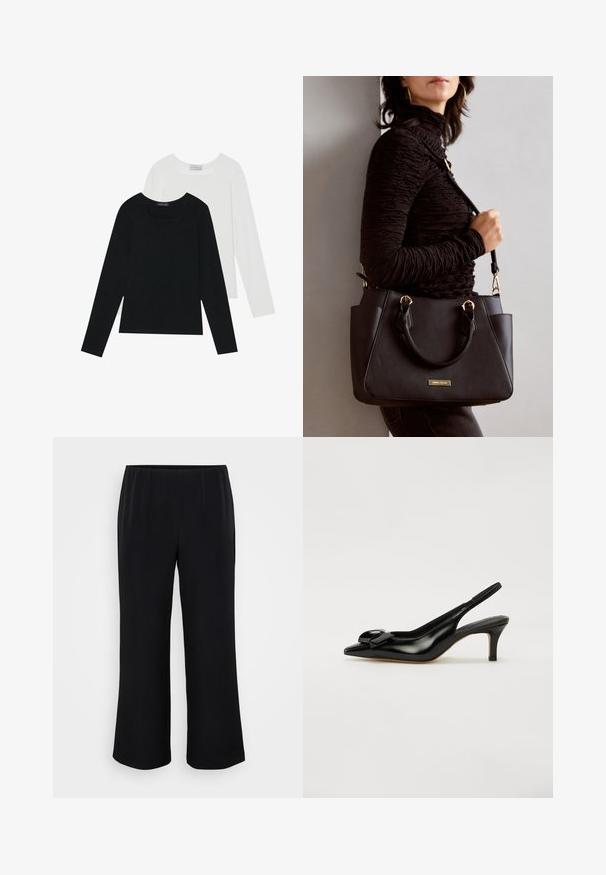 Deux tops à manches longues, un noir et un blanc, tous deux avec un décolleté carré et fabriqués en tissu doux et extensible.; Pantalons larges noirs en tissu lisse avec une taille élastique. Design simple, sans motifs ni éléments métalliques visibles.; Chaussure slingback en cuir verni noir avec un bout pointu, un petit talon et un accent de nœud prononcé sur le devant. Texture lisse et design élégant.; Sac à main noir avec surface texturée, deux poignées supérieures et bandoulière réglable. Doté de quincaillerie dorée et de poches latérales.