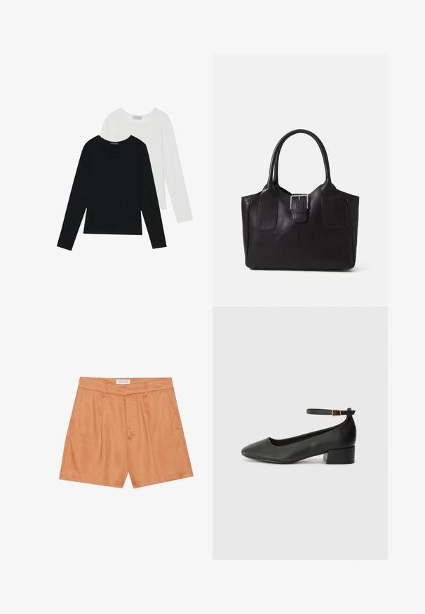 Du suknelės su ilgomis rankovėmis, viena juoda ir viena balta, abi su kvadratiniu iškirpimu ir pagamintos iš minkštos, elastingos medžiagos.; Oranžinės klostuotos šortai, pagaminti iš lygaus audinio, su priekiniais užtrauktukais, diržo kilpomis ir šoninėmis kišenėmis. Etiketėje parašyta "ANNA FIELD."; Juodas odinis aukštakulnis batelis su smailiu pirštu ir žemu bloku. Su kulkšnies dirželiu su auksinės spalvos sagtimi. Lygus paviršius.; Juodas odinis nešiojamas krepšys su lygiu paviršiumi, struktūrine forma, dviem rankenėlėmis ir ryškiu sidabriniu sagties akcentu priekyje.