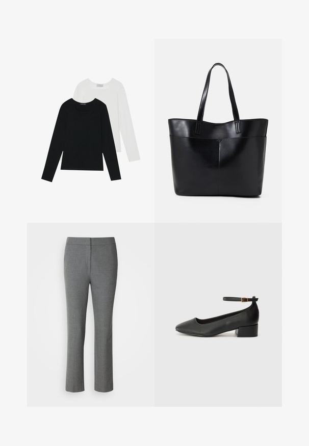 Divi ilgiem piedurknēm tops, viens melns un otrs balts, abiem ir kvadrāta izgriezums un tie ir izgatavoti no mīksta, elastīga auduma.; Pelēki piegriezti bikses ar gludu tekstūru, taisnas kājas dizainu un tīru jostu. Redzami nav papildu piederumu vai rakstu.; Melnas ādas sūkņi ar smailu purngalu un zemu bloku papēdi. Iezīmēts ar potītes siksniņu ar zelta krāsas sprādzi. Gluda tekstūra.; Melnas ādas iepirkumu soma ar divām garām rokturām, gludu tekstūru un strukturētu formu. Iekļauj priekšējo kabatu papildu uzglabāšanai.