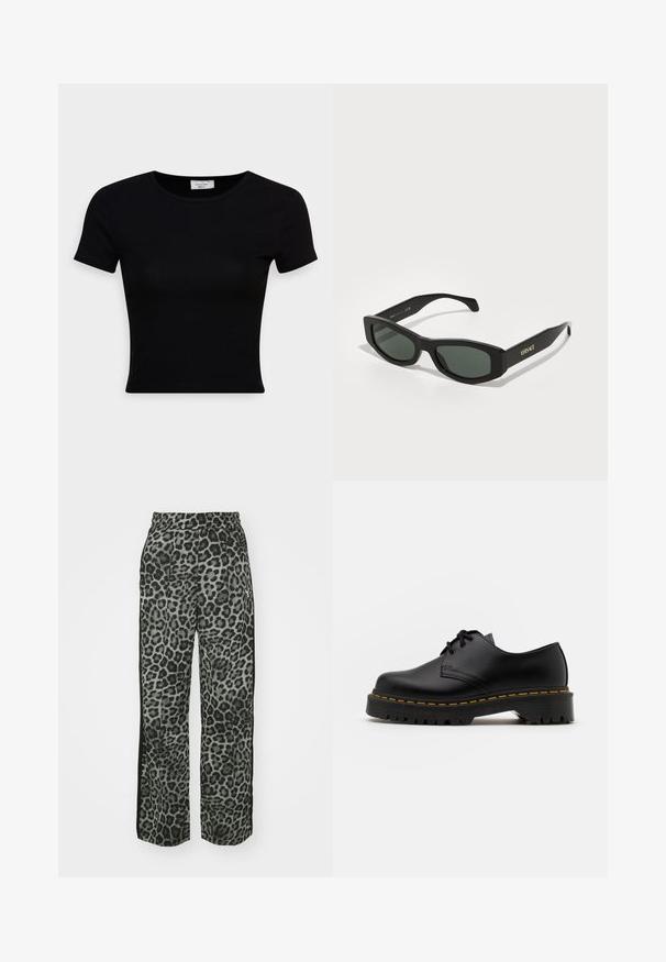Svart t-skjorte med korte ermer laget av glatt bomullsstoff, med rund hals og en figursydd design. Minimalistisk uten synlige mønstre.; Leopardmønster bukser i grå nyanser med en avslappet passform, elastisk midje og svarte sidepaneler for ekstra detaljer og kontrast.; Svart lær snøresko med rund tå, teksturert gummisåle og gul søm rundt bunnen. Flat design og glatt overflate.; Sorte rektangulære solbriller med grønne linser, med kraftige rammer og gull "VERSACE" merkevare på templene.