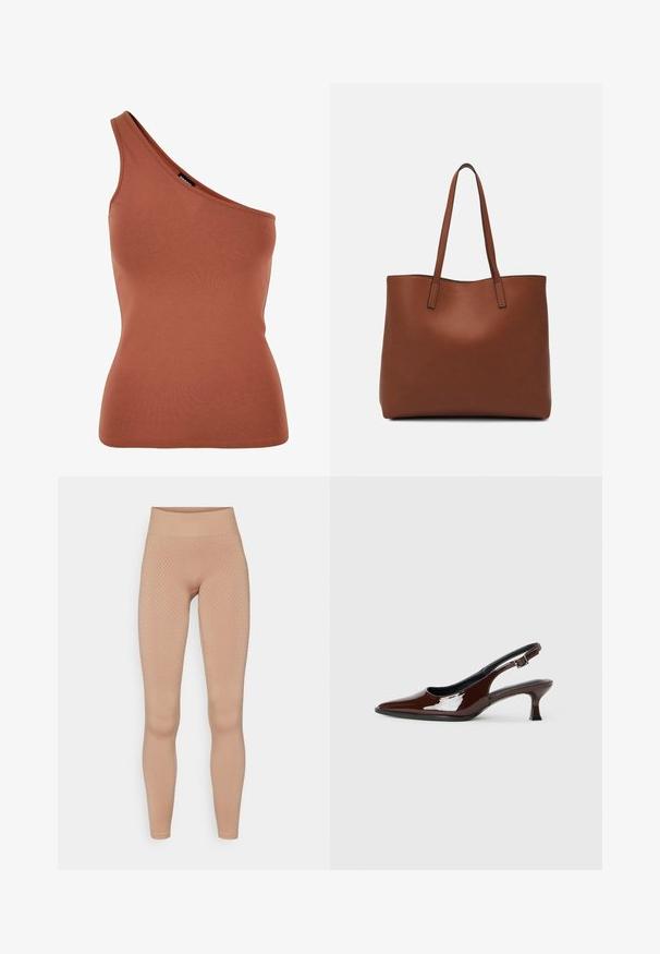 Top sin simetría en marrón, fabricado en un tejido elástico, con una sola tirante en el hombro y una silueta ajustada.; Leggings de color nude con un patrón texturizado de diamante y una cinturilla alta elástica para mayor soporte y comodidad.; Zapato slingback de charol marrón con punta afilada y tacón moderado. Cuenta con una correa con hebilla para un ajuste seguro. Textura suave.; Bolso tote de cuero marrón con una textura suave, diseño de apertura superior y dos correas para el hombro. Presenta una costura mínima y sin herrajes visibles.