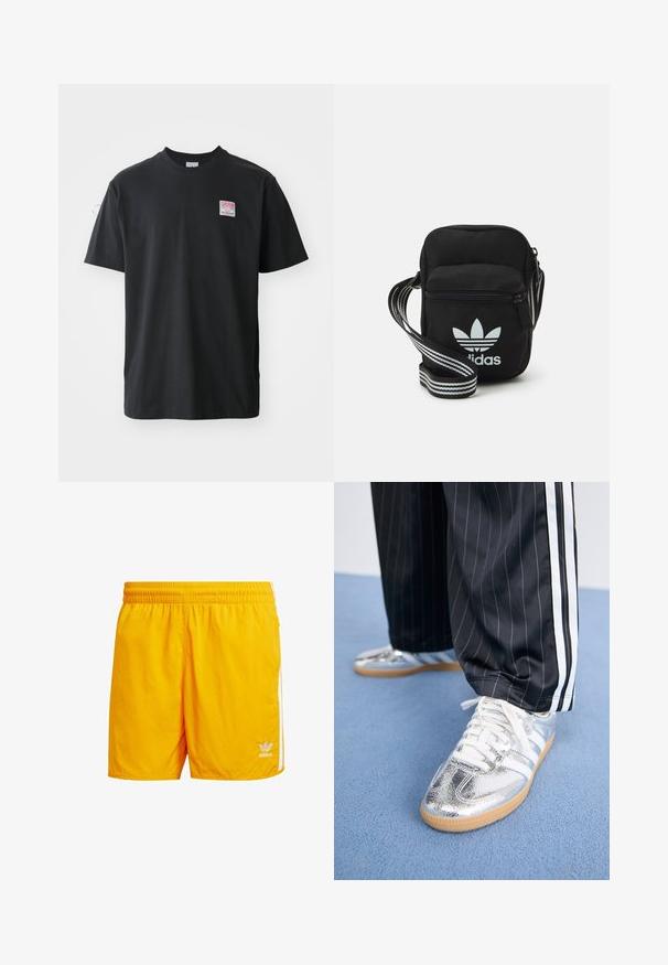 Černé bavlněné tričko s kulatým výstřihem, krátkými rukávy a malou barevnou nálepkou na levé straně hrudi, která nese slovo "SUPERIOR."; Žluté adidas šortky vyrobené z lehkého materiálu s elastickým pasem, bílými pruhy po stranách a malým logem na lemu.; Metalické stříbrné tenisky s bílými tkaničkami a třemi bílými pruhy, doplněné černými kalhotami s tenkým proužkem. Gumová podrážka na spodní straně.; Černá crossbody taška z látky se zipovým uzávěrem, obsahující bílé logo Adidas a pruhovaný nastavitelný popruh pro snadné nošení.