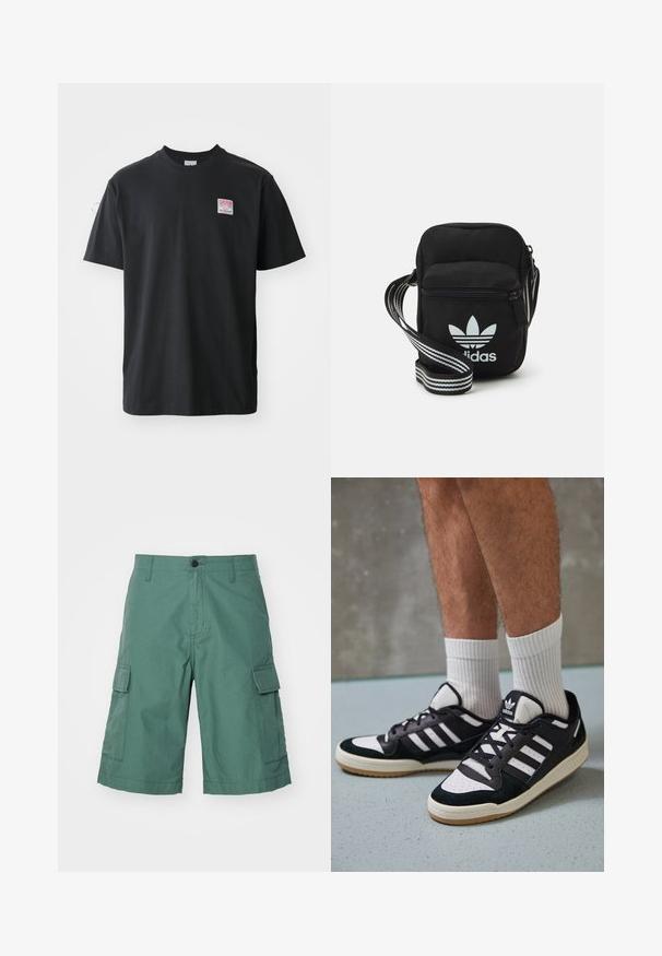 Zwarte katoenen t-shirt met ronde hals, korte mouwen en een klein gekleurd label op de linkerkant van de borst met het woord "SUPERIOR."; Groene cargoshorts van gestructureerde stof, met twee zijzakken en een voortoegang met knoopsluiting. Einde boven de knie met gestikte zoom.; Zwart-witte sneakers met een bovenwerk van suede en leer, voorzien van drie witte strepen, een geperforeerde neus en een rubberen gumzool.; Zwarte stoffen schoudertas met een ritssluiting, voorzien van een wit Adidas-logo en een gestreepte, verstelbare schouderband voor gemakkelijk dragen.
