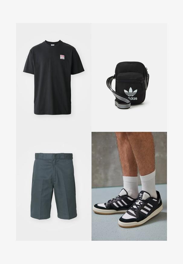 Fekete pamut póló kerek nyakkal, rövid ujjakkal és egy kis színes címkével a bal mellrészen, amelyen a "SUPERIOR" szó szerepel.; Sötétszürke rövidnadrág, tartós anyagból. Klasszikus egyenes szabású, lapos elülső résszel és standard övhurkokkal rendelkezik. Nincsenek látható zsebek.; Fekete-fehér tornacipők velúr és bőr felsőrésszel, három fehér csíkkal, perforált orral és gumi talppal.; Fekete anyagú, keresztpántos táska cipzáras záródással, fehér Adidas logóval és csíkos állítható pánttal a könnyű hordozás érdekében.