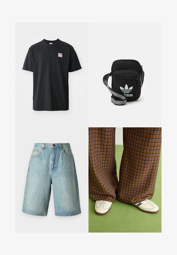 Juodas medvilnės marškinėliai su apvaliu kaklu, trumpomis rankovėmis ir mažyte spalvota etikete kairėje krūtinės pusėje, ant kurios užrašyta "SUPERIOR."; Šviesiai mėlynos džinsinės šortai, laisvo kirpimo, su priekinėmis kišenėmis, sagų uždarymu ir išblukusiu plovimu su subtiliais vos pastebimais įbrėžimais.; Rudos ir mėlynos langelinės plačios kelnės, derinamos su baltais batais su juodais akcentais ir tekstūruotais padais, prieš žalią foną.; Juodas audinio per petį nešiojamas krepšys su užtrauktuku, turintis baltą Adidas logotipą ir dryžuotą reguliuojamą diržą patogiam nešiojimui.