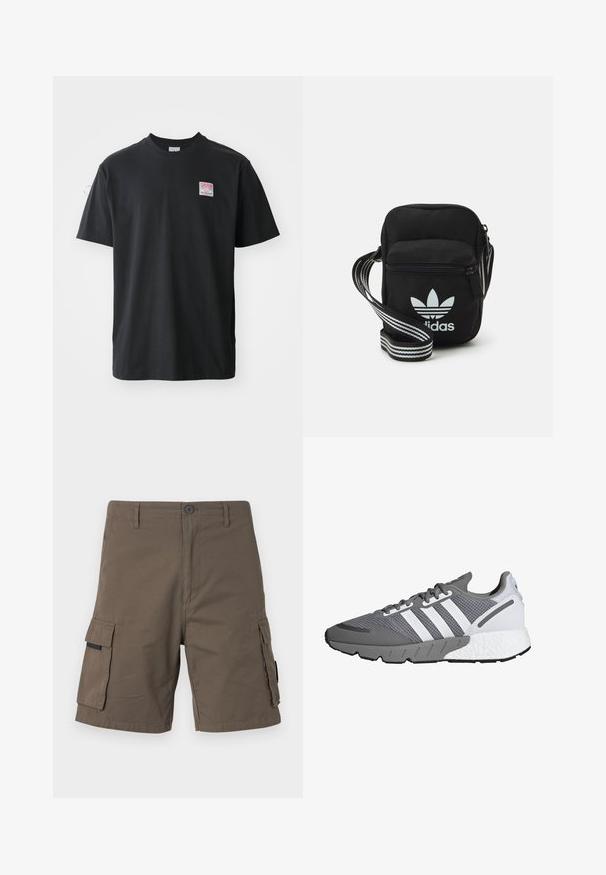 Melna kokvilnas T-krekls ar apaļu kaklu, īsām piedurknēm un nelielu krāsainu etiķeti kreisajā krūtīs, kurā ir vārds "SUPERIOR".; Olīvzaļa kravas bikses, izgatavotas no kokvilnas, ar divām sānu kabatām, pogu aizdari un taisna kāju dizainu.; Pelēki un balti sporta apavi ar acu sietu augšdaļu, trim baltām svītrām, mīkstu zoli un teksturētu pelēku gumijas ārējo zolīti.; Melna auduma crossbody soma ar rāvējslēdzēja aizdari, kurai ir balts Adidas logo un svītrainas regulējamas siksnas ērtiem pārvietošanās veidiem.