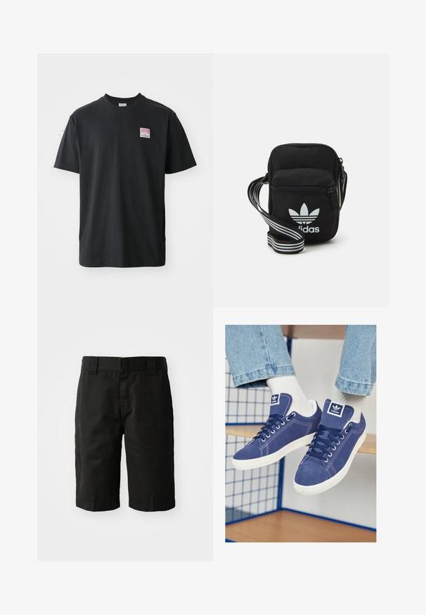 Black cotton t-shirt with a crew neck, short sleeves, and a small colored label on the left chest featuring the word "SUPERIOR."; Black cotton shorts with a straight cut, belt loops, and a flat front. Features pockets on the sides and a smooth texture.; Navy blue Adidas sneakers made of suede, featuring white rubber soles, round toes, and a logo patch on the tongue. Bright white socks visible.; Black fabric crossbody bag with a zipper closure, featuring a white Adidas logo and a striped adjustable strap for easy carrying.