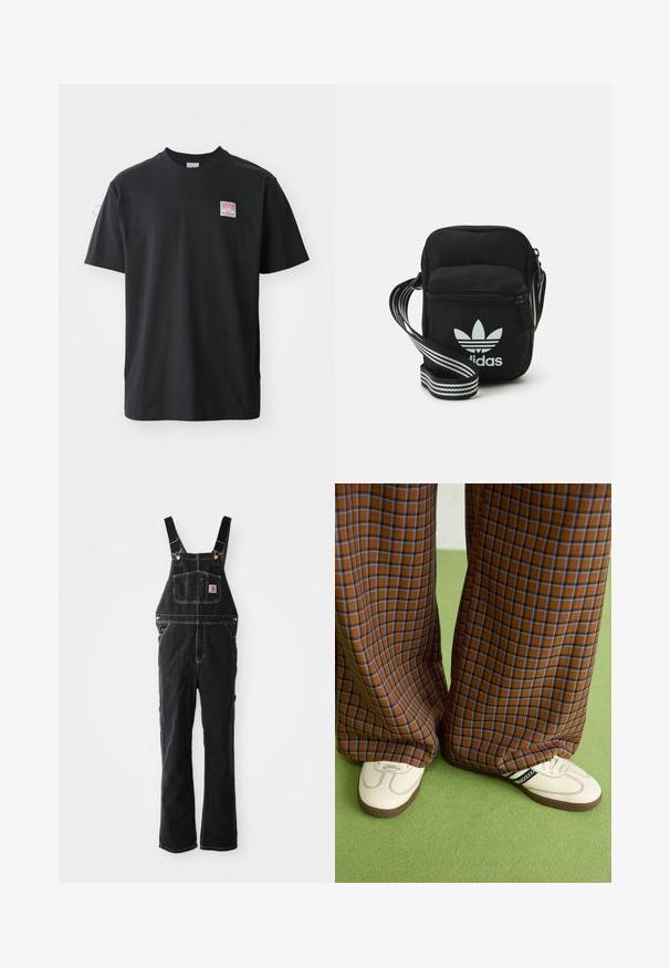T-shirt in cotone nero con collo rotondo, maniche corte e una piccola etichetta colorata sul petto sinistro che presenta la parola "SUPERIOR."; Gli indumenti da lavoro in denim nero presentano spalline regolabili, una tasca frontale e dettagli in oro. Il tessuto ha un aspetto texture e robusto.; Pantaloni a pieghe larghi a quadri marroni e blu abbinati a scarpe bianche con dettagli neri e suole testurizzate, posizionati su uno sfondo verde.; Borsa a tracolla in tessuto nero con chiusura a zip, caratterizzata da un logo Adidas bianco e una tracolla regolabile a righe per un facile trasporto.