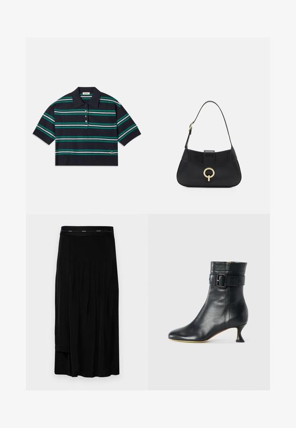 Námořnická pruhovaná polokošile s krátkým rukávem, s tyrkysovými, bílými a šedými pruhy. Tři knoflíky a logo na lemu.; Černá midi sukně s plisováním, hladkou texturou a širokým páskem s jemným logem značky. Jednoduchý design a délka až k podlaze.; Černá kožená kotníková bota s špičatou špičkou, zúženým podpatkem a detailem s přezkou na manžetě. Hladký povrch a elegantní design.; Černá kožená kabelka s zakřiveným siluetou, krátkým popruhem, centrálním zlatým kováním a hladkým povrchem. Bez viditelných vzorů nebo akcentů.