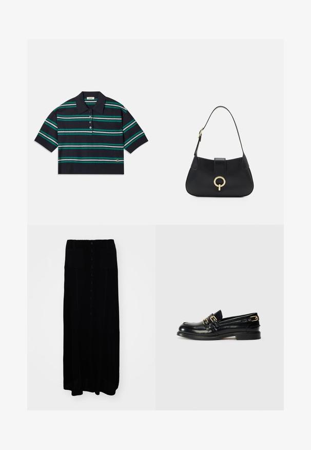 Polo majica s kratkimi rokavi v mornarsko modri barvi s črtami v teal, beli in sivi barvi. Ima tri gumbke na zapenjanju in logotip na robu.; Črna pletena dolga krila z gumbom spredaj, dvema sprednjima žepoma, teksturirano tkanino in ravno silhueto.; Črne usnjene loferice z debelim sijajem, opremljene z dvema zlatima zaponkama in nizko peto. Gladka tekstura z zaobljeno obliko prstov.; Črna usnjena torbica s ukrivljeno silhueto, kratkim ročajem, centralno zlatim okrasom in gladko teksturo. Brez vidnih vzorcev ali dodatkov.