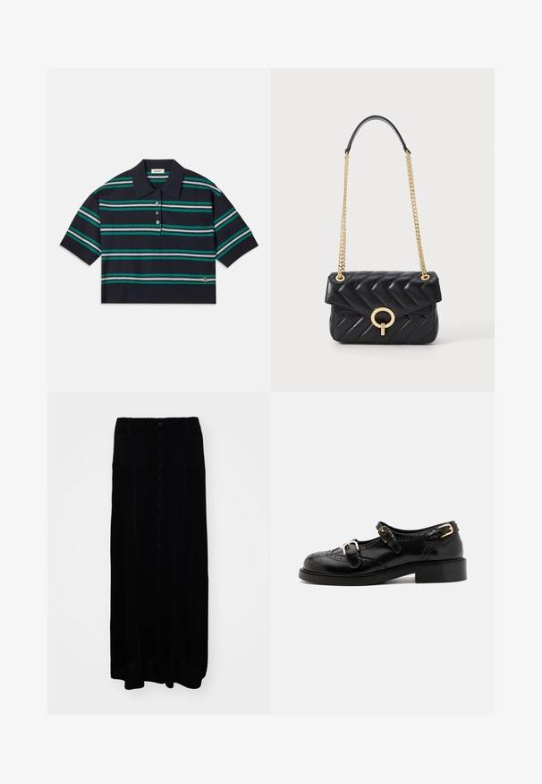 Tumestri triibuline polo särk lühikeste varrukatega, millel on teal, valged ja hallid triibud. Kolme nööbiga kinnitus ja logo detail alumisel äärel.; Mustreeritud must pikk niidist seelik, millel on nupukinnitus ees, kaks esipoolset taskut, tekstureeritud kangas ja sirge lõige.; Mustal nahast kingad brogue-tekstiiliga, millel on kaks pandla rihma, ümar varvas ja madal konts. Sujuv tekstuur ja läikiv viimistlus.; Must musträga mustriga musträga mustriga nahk, millel on kuldne ahel, millel on ümmargune kuldse riistvara lukk ja klapp sulgemine. Kompaktne ristkülikukujuline kuju.