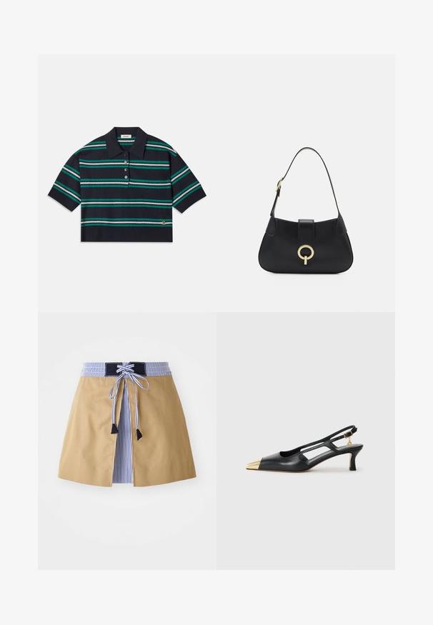 Marine stripet polo skjorte med korte ermer, med teal, hvite og grå striper. Tre knappelukking og logo detalj på kanten.; Beige skjørt med blå stripete midjebånd, med snøring foran og svarte detaljer. Glatt stoff, midtlengde med skreddersydd design.; Svarte skinn slingback-sko med spiss tå og gullmetallhette. Har utskjæringsdesign og en slank hæl med justerbar stropp.; Svart lærveske med en buet silhuett, kort stropp, sentral hardware i gulltone og glatt tekstur. Ingen synlige mønstre eller aksenter.
