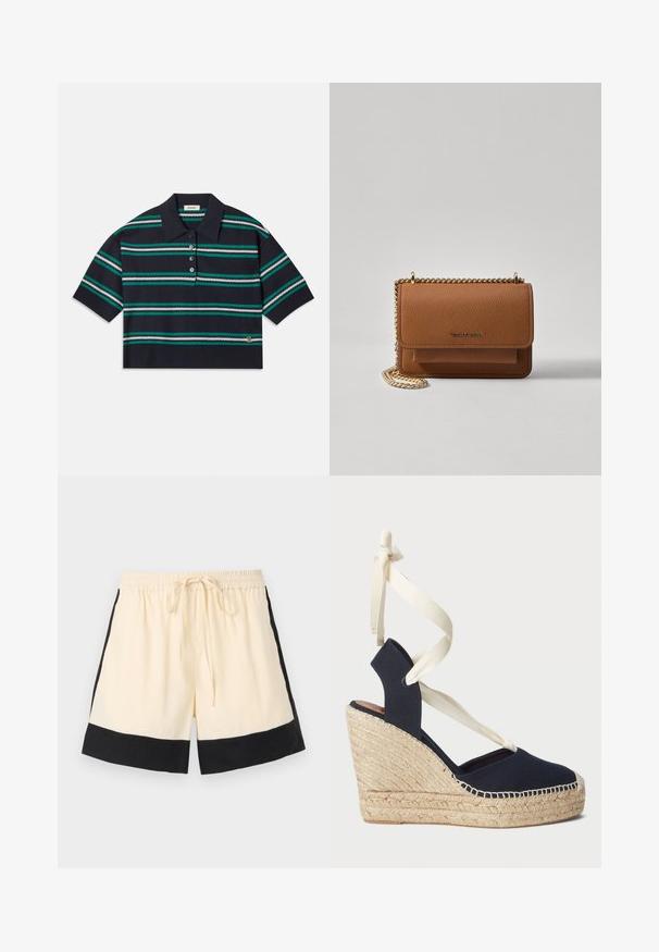 Marine stripet polo skjorte med korte ermer, med teal, hvite og grå striper. Tre knappelukking og logo detalj på kanten.; Kremfargede shorts med svart kant, elastisk midje og front snor. Sidene har svarte detaljer som fremhever et sporty design.; Marine blå lærret kile sandal med jute såle og kremfargede bånd rundt ankelen. Lukket hæl og rund tå-design.; Brun teksturert lær crossover-veske med gullkjede-stropp og klaffelukking. Fronten har logo-detalj og en lomme under klaffen.