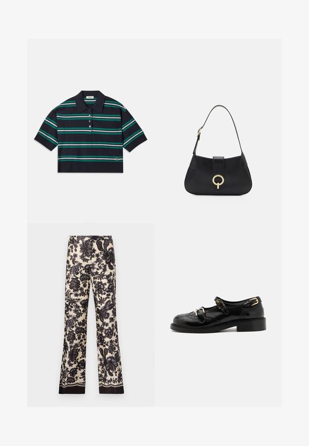 Námořnická pruhovaná polokošile s krátkým rukávem, s tyrkysovými, bílými a šedými pruhy. Tři knoflíky a logo na lemu.; Kalhoty širokého střihu s květinovým vzorem v krémové barvě s černými akcenty. Mají hedvábnou texturu a kontrastní tmavý lem na spodním okraji.; Černé kožené boty s brogue detaily, vybavené dvěma sponami, zaoblenou špičkou a nízkým podpatkem. Hladký povrch s lesklým finišem.; Černá kožená kabelka s zakřiveným siluetou, krátkým popruhem, centrálním zlatým kováním a hladkým povrchem. Bez viditelných vzorů nebo akcentů.