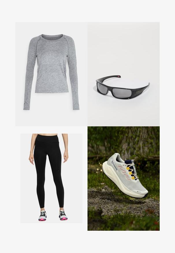 Graues Langarmshirt aus strukturiertem Stoff mit rundem Ausschnitt und Raglanärmeln. Besitzt ein dezentes Muster entlang des Oberkörpers.; Schwarze Leggings mit hohem Bund, glatter Textur und minimalistischem Design. Verfügt über seitliche Taschen und Nähte.; Weißer Laufschuh mit grauen und rosa Akzenten, GORE-TEX-Branding, Obermaterial aus Mesh und strukturiertem Sohlen, entworfen für das Gelände im Freien.; Schwarze Oakley-Sonnenbrille im Wraparound-Stil mit dunklen rechteckigen Gläsern und gebogenen Bügeln auf einem schlichten weißen Hintergrund.