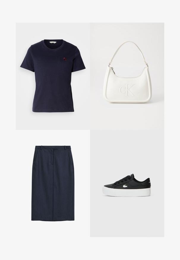 Náměstí modré bavlněné tričko s výstřihem do V, krátkými rukávy a malým bordó vyšitým logem na hrudi. Měkká textura.; Námořnická pruhovaná tužková sukně se rovně střiženým střihem, předními kapsami, pasem a hladkou texturou. Žádné viditelné zapínání nebo uzávěry.; Černé nízké tenisky vyrobené ze syntetického materiálu, s bílou gumovou podrážkou, černými tkaničkami a malým bílým logem na straně.; Bílá kožená kabelka s křivkovým tvarem, na přední straně s vyraženým logem "CK" a jediným ramenním popruhem. Zipový uzávěr na vrchu.