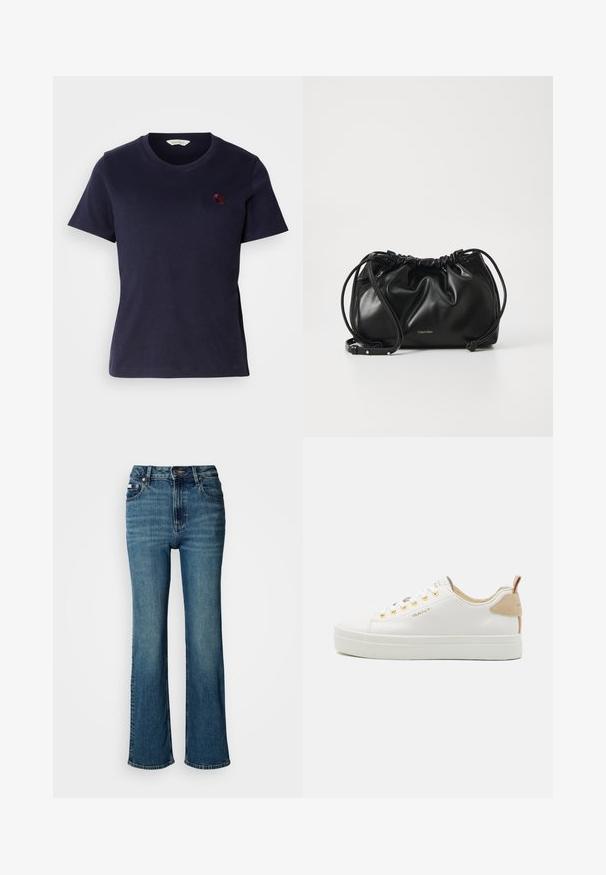 Navy blue cotton t-shirt with a v-neck design, short sleeves, and a small burgundy embroidered logo on the chest. Soft texture.; High-waisted blue jeans made of denim, featuring a straight leg design, subtle fading, and a standard button and zipper closure.; White leather sneakers with a textured rubber sole, gold eyelets, and a tan accent at the heel. GANT logo displayed on the side.; Black leather handbag with gathered design, dual drawstring closure, and detachable shoulder strap. Features metallic logo detail.
