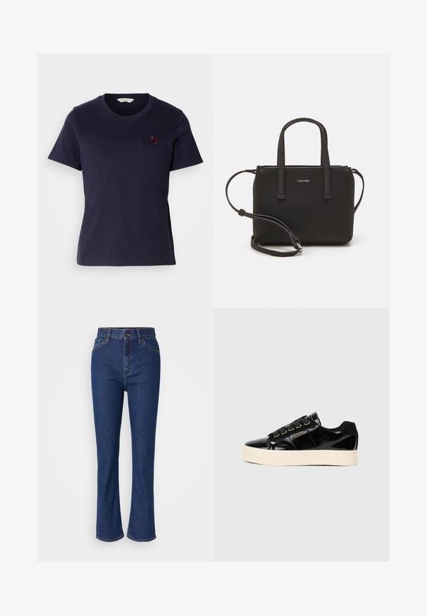 Temno modra bombažna majica s fazonskim izrezom, kratkimi rokavi in majhnim burgundskim izvezenim logotipom na prsih. Mehka tekstura.; Visoke modre kavbojke z zvonastim krojem, opremljene z vidnim šivanjem, sprednjim gumbom in petimi žepi za funkcionalnost.; Črne lakaste usnjene superge s ravnim kremastim podplatom. Imajo črne vezalke, zlate očke in detajl z logotipom na strani. Zaobljena konica.; Črna torbica z dvema kratkima ročajema in odstranljivim naramnim trakom. Gladek usnju podoben material z zadrgo in podrobnostmi z logotipom.