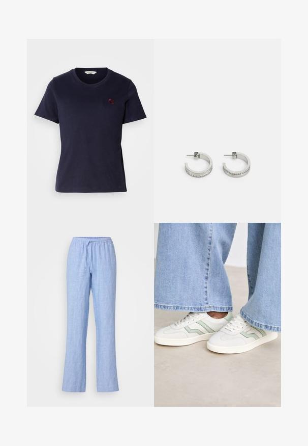 Mørkeblå bomulls T-skjorte med v-hals, korte ermer og en liten burgunderbrodert logo på brystet. Myk tekstur.; Samsøe Samsøe HOYS STRING TROUSERS - Bukse - mid blue; Hvite sneakers med lysegrønne detaljer, teksturert lær og flate gummisåler. Kombinert med vide denimbukser.; Sølv hoop øredobber med en glatt overflate og en rad med små klare steiner langs bunnen, med en post-back lukking.
