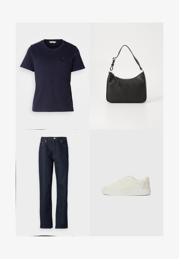 Tricou din bumbac de culoare albastru marin, cu un design de gât în v, mâneci scurte și un mic logo brodat în burgund pe piept. Textură moale.; Jeans din denim de un albastru închis, cu o croială dreaptă, având închidere cu buton și fermoar, design cu cinci buzunare și detalii de cusătură în contrast.; Adidași din piele albă cu o suprafață netedă, vârf rotund, design cu șireturi și o talpă ușor platformată. Branding subtil în aur pe lateral.; Geantă de mână din piele neagră, cu o formă curbată, curea unică, închidere cu fermoar și un branding subtil pe față. Textură fină, design minimalist.