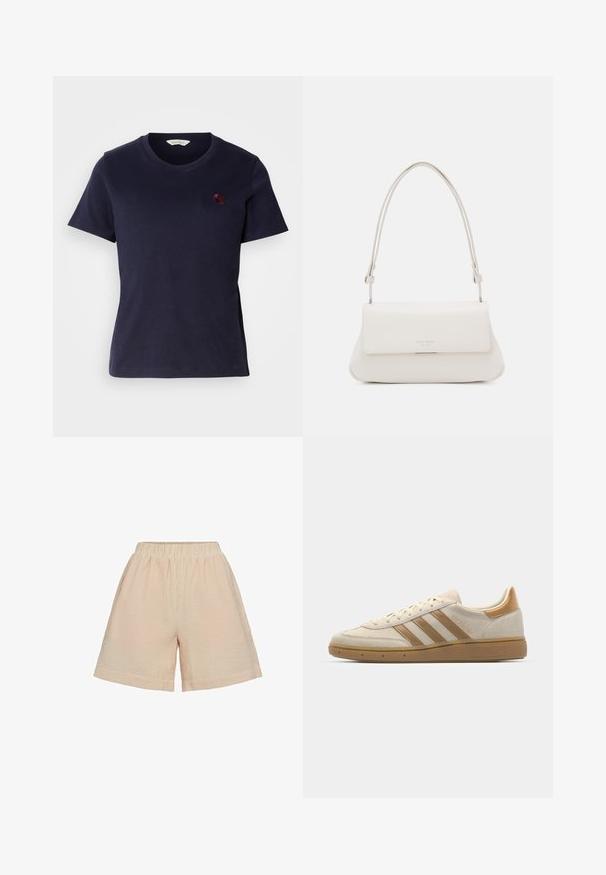Navyblauwe katoen t-shirt met een V-halsontwerp, korte mouwen en een klein bordeauxrood geborduurd logo op de borst. Zachte textuur.; Moves PYNNA - Shorts - tangerine; Beige suède sneakers met lichtbruine accenten. Voorzien van drie bruine stripes, een textuur rubberen zool en een afgeronde neus.; Witte leren schoudertas met een gevouwen klep aan de voorkant, gebogen shape en een verstelbare schouderband. Bevat een subtiel logo aan de voorkant.