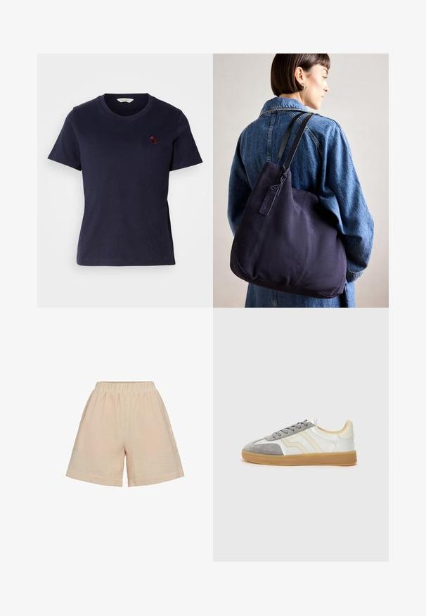 Mørkeblå bomulds t-shirt med v-halsdesign, korte ærmer og et lille bordeaux broderet logo på brystet. Blød tekstur.; Moves PYNNA - Shorts - tangerine; Sneakers med en overdel i hvid læder, grå ruskind forreste del og gummisål. Har grå snørebånd og diskret branding på siden.; Marineblå canvas skuldertaske med en blød, struktureret form, der har en sort rem, syede detaljer og et lille mærke.