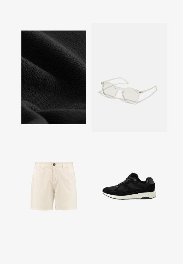 Čierna textúrovaná tkanina s mäkkým, chlpatým povrchom. Disponuje jemným rebrovaným vzorom, vhodná pre rôzne aplikácie.; Bežové bavlnené šortky s gombíkovým zapínaním, elastickým pásom a bočnými vreckami. Jednoduchý dizajn s rovnými nohavicami a bez viditeľných vzorov.; Čierna atletická obuv vyrobená zo semišu a sieťoviny, s okrúhlou špičkou, šnurovaním a bielou gumovou podrážkou s textúrovanými akcentmi.; Kruhové slnečné okuliare s priehľadným rámom, svetlozelenými sklami a tenkými, priehľadnými stranami. Rám obsahuje jemné kovové akcenty.