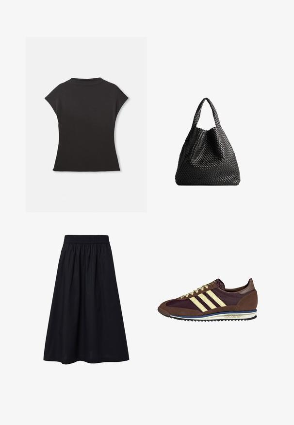 Musta lyhythihainen paita, jossa on korkea kaulus ja rento istuvuus. Valmistettu pehmeästä kankaasta, jolla on sileä pinta. Ei näkyviä kuvioita tai grafiikoita.; Musta, polvipituinen hame, joka on valmistettu kevyestä kankaasta. Varustettu joustavalla vyötäröosalla ja yksinkertaisella, sileällä pinnalla. Ei näkyviä kuvioita tai koristeluja.; Ruskea ja burgundin värinen lenkkari, jossa on yksityiskohtina mokkaa ja verkkomateriaalia, kolmea kermaista raitaa, tekstuuripinta kielekkeessä ja kumipohja.; Musta kudottu laukku kahdella kantokahvalla. Pehmeä rakenne, lässyttävä muotoilu ja suurikokoinen, pyöreä muoto. Ei näkyviä metalliosia tai koristeita.