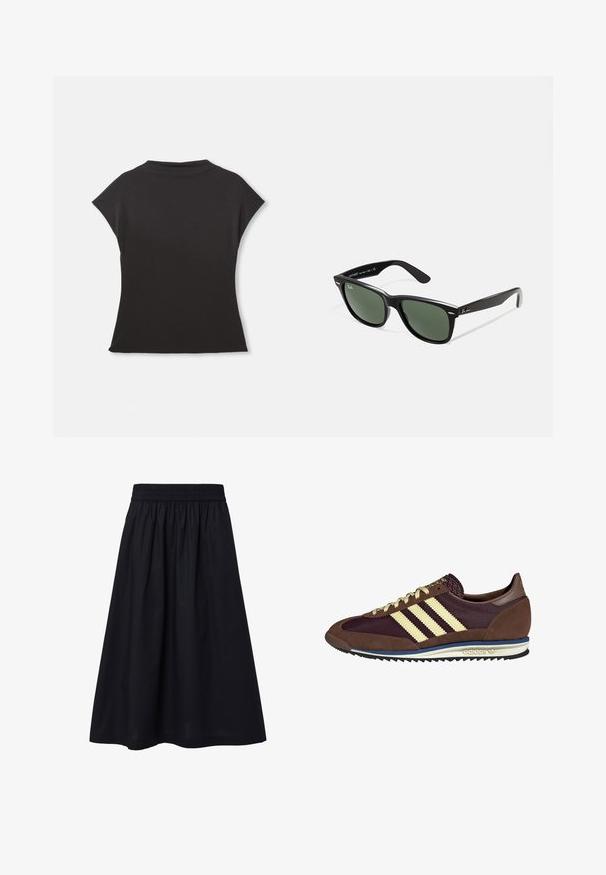 Čierny krátky rukáv top s vysokým výstrihom a voľným strihom. Vyrobený z mäkkej tkaniny s hladkou textúrou. Žiadne viditeľné vzory ani grafiky.; Čierna sukňa po kolená vyrobená z ľahkej látky. Obsahuje elastický pás a má jednoduchú, hladkú textúru. Bez viditeľných vzorov alebo ozdôb.; Hnedé a bordové tenisky z semišu a sieťoviny, s tromi krémovými pruhmi, textúrovanou tkaninou na jazyku a gumovou podrážkou.; Čierne plastové slnečné okuliare so zelenými šošovkami, štvorcové rámy, strieborný akcent na obočí a textúrované ramenné opierky. Brand uvedený na vnútornej strane ramien.