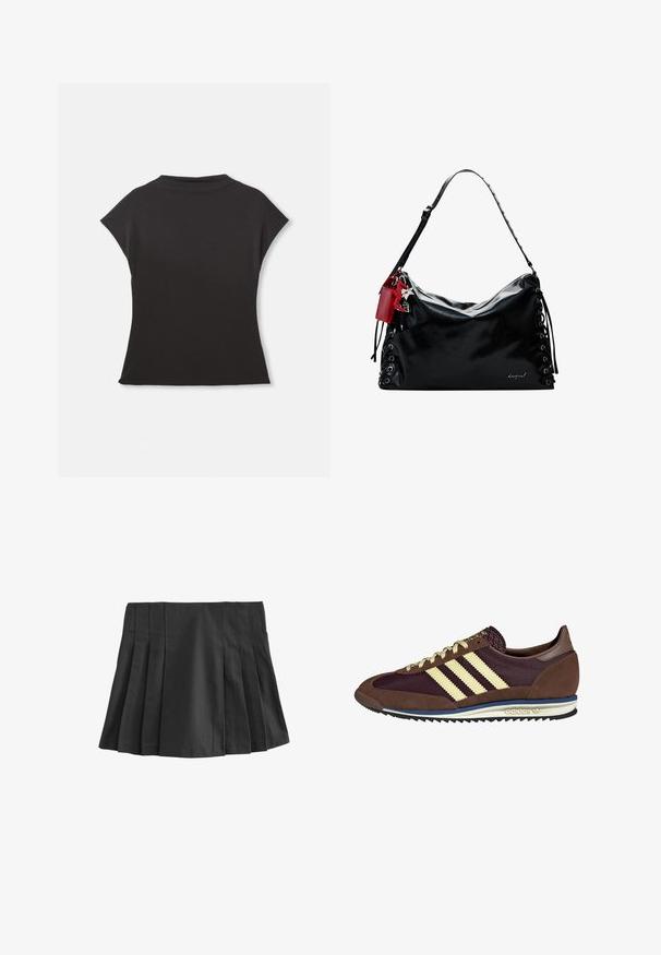 Haut noir à manches courtes avec un col montant et une coupe décontractée. Fabriqué en tissu doux avec une texture lisse. Pas de motifs ou graphiques visibles.; Jupe mini plissée noire avec une ceinture élastique. Fabriquée en tissu lisse, avec plusieurs plis verticaux pour ajouter texture et design.; Baskets marron et bordeaux avec des matériaux en daim et en maille, présentant trois rayures crème, un tissu texturé sur la languette et une semelle en caoutchouc.; Sac à main en cuir noir au design décontracté, avec des détails lacés sur les côtés et une étiquette d'accent rouge. Dispose d'une longue bandoulière réglable.