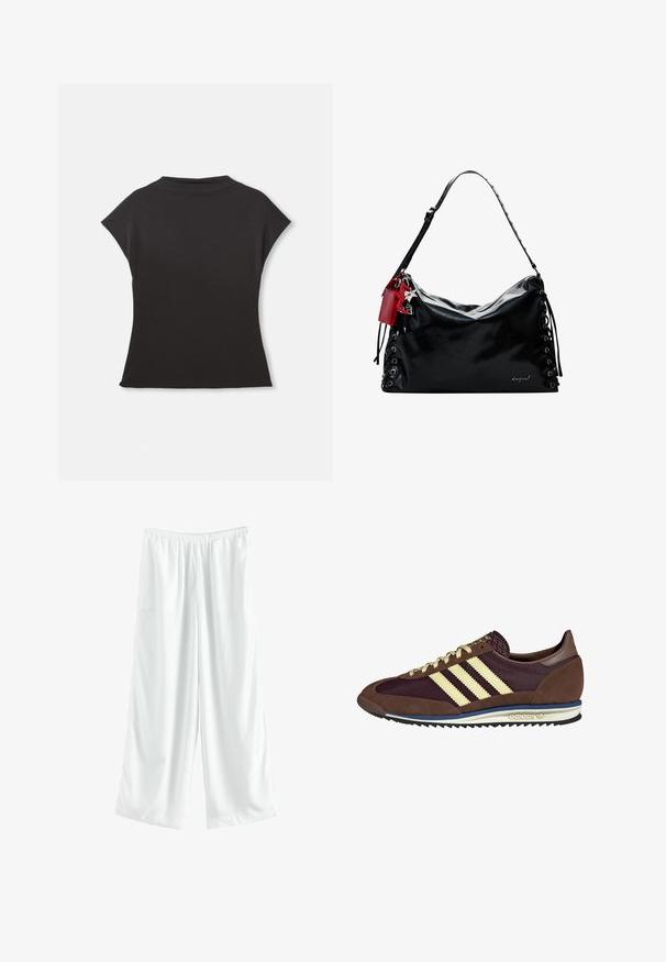 Top nero a maniche corte con scollatura alta e vestibilità morbida. Realizzato in tessuto morbido con una superficie liscia. Nessun motivo o grafica visibile.; Pantaloni bianchi a gamba larga con vita elastica, realizzati in tessuto morbido, caratterizzati da una vestibilità ampia e senza motivi o dettagli visibili.; Sneaker marrone e bordeaux realizzato in materiali scamosciati e in rete, caratterizzato da tre strisce color crema, tessuto testurizzato sulla linguetta e suola in gomma.; Borsa a tracolla in pelle nera con un design morbido, dettagli in pizzo sui lati e un'etichetta rossa. Presenta una lunga tracolla regolabile.