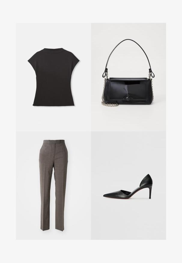 Crna majica kratkih rukava s visokim dekolteom i opuštenim krojem. Izrađena od mekog materijala s glatkom teksturom. Bez vidljivih uzoraka ili grafika.; Sive krojene hlače ravnog kroja, teksturirane tkanine, srednje visoki struk i dva prednja džepa. Nema vidljivih kopčanja ili uzoraka.; Crne kožne cipele s visokom potpeticom, s uskim vrhom, otvorenim stranama i elegantnim siluetom. Imaju tanke potpetice i crveni akcent na potplatu.; Crna patentna kožna torba pravokutnog oblika, s lancem za nošenje i karakterističnim metalnim detaljem u središtu. Glatka tekstura.