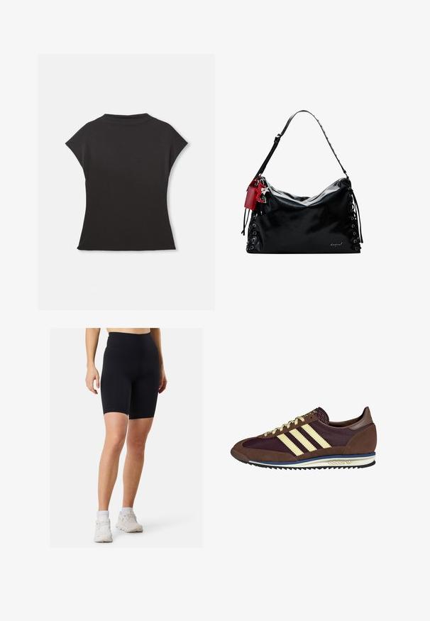 Schwarzes kurzärmliges Oberteil mit hohem Kragen und lässigem Schnitt. Aus weichem Stoff mit glatter Textur gefertigt. Keine sichtbaren Muster oder Grafiken.; Schwarze, hoch geschnittene Fahrradhosen aus dehnbaren Material mit glatter Textur, verfügt über ein enges Design und eine Länge bis zur Mitte des Oberschenkels.; Braune und burgunderfarbene Sneaker aus Wildleder und Mesh-Materialien, mit drei cremefarbenen Streifen, strukturiertem Stoff an der Zunge und einer Gummisohle.; Schwarze Lederhandtasche mit einem lässigen Design, Schnürdetails an den Seiten und einem roten Akzent-Tag. Verfügt über einen langen, verstellbaren Trageriemen.