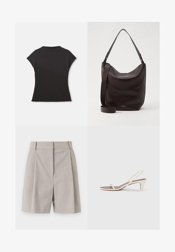 Juodas trumpas rankovėmis viršus su aukštu kaklu ir laisvu siluetu. Pagamintas iš minkštos medžiagos su lygiu paviršiumi. Nėra matomų raštų ar grafikų.; By Malene Birger POVILLE - Šortai - grey brown; Baltos slingback šlepetės su lengvu kulnu, plonais dirželiais ir lygia odos tekstūra; turi mažą dekoratyvinę sagtelę.; Tamsiai rudas odinis peties krepšys su išlenktu siluetu, reguliuojama juosta ir subtiliu auksiniu logotipu. Lygus paviršius su minimaliais akcentais.