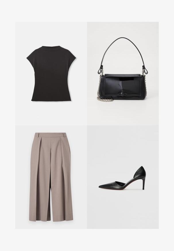 Melna īsām piedurknēm augsta kakla blūze ar brīvu piegriezumu. Izgatavota no mīksta auduma ar gludu tekstūru. Nav redzamu rakstu vai grafikas.; Tiger of Sweden MALIAS - Šorti - mole; Melni ādas augstpapēžu apavi ar smailu purngalu, atvērtām malām un elegantu siluetu. Iespējams, ir plāna papēža un sarkana zole.; Melnas lakotas ādas rokassomi ar taisnstūra formu, ķēdes siksnu un izteiksmīgu metāla aksesuāru centrā. Gluda tekstūra.