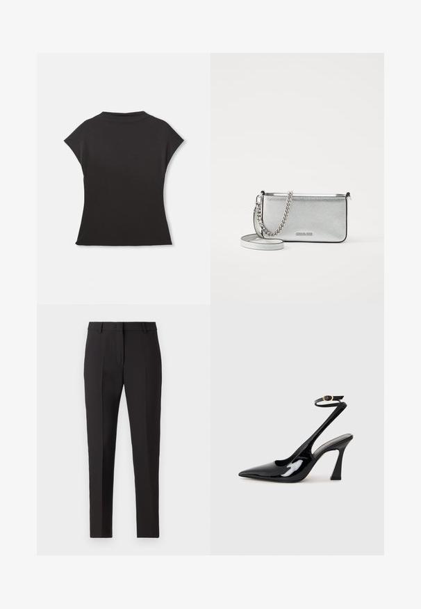 Top preto de manga curta com um decote alto e um ajuste descontraído. Feito em tecido suave com uma textura lisa. Sem padrões ou gráficos visíveis.; Calças pretas sob medida com um design de perna reta, apresentando frente lisa, passantes para cinto e sem padrões ou adornos visíveis.; Sapatilhas de salto alto em verniz preto, com bico afiado, tiras ajustáveis no tornozelo e um salto quadrado moderado. Textura suave com acabamento brilhante.; Bolsa crossbody de couro prateada com um acabamento texturizado, detalhes em corrente e alça, e fecho de zíper. Apresenta um logotipo na parte da frente.