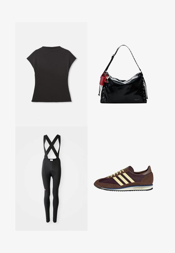 Czarny t-shirt z krótkim rękawem, z wysokim dekoltem i luźnym krojem. Wykonany z miękkiego materiału o gładkiej fakturze. Brak widocznych wzorów czy grafik.; Czarne kolarskie rajstopy z wkładką w siedzeniu i skrzyżowanymi ramiączkami, wyeksponowane na białym tle.; Brązowe i burgundowe sneakersy wykonane z zamszu i siateczkowych materiałów, z trzema kremowymi paskami, teksturowanym materiałem na języku i gumową podeszwą.; Czarna skórzana torebka o luźnym kroju, z koronkowym wykończeniem po bokach i czerwoną metką. Posiada długi, regulowany pasek.
