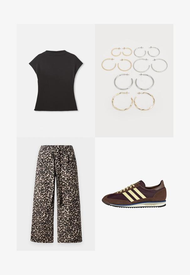 Črn kratkonožni top z visokim ovratnikom in sproščenim krojem. Narejen iz mehke tkanine z gladko teksturo. Brez vidnih vzorcev ali grafike.; Hlače širokih nogavic v vzorcu leopardje kože, z barvno shemo črne in bež, mehkim materialom in elastičnim pasom za udobje.; Rjavi in rdeče-burgundske teniske iz usnja in mrežastega materiala, ki imajo tri smetane stripe, teksturirano blago na jeziku in gumijast podplat.; Set dvanajstih uhvorov v srebrnih in zlatih odtenkih. Vključuje zvite, gladke in teksturirane modele v različnih velikostih in končnih obdelavah.