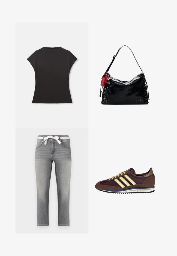 Fekete, rövid ujjú felső magas nyakkal és laza szabással. Puha anyagból készült, sima tapintással. Nincsenek látható minták vagy grafikák.; Szürke farmernadrág egyenes fazonnal, csíkos nyakkendő övvel, elülső zsebekkel és finom kopással az anyagon.; Barna és bordó sneaker velúr és hálós anyagból, három krémcsíkkal, texturált anyaggal a nyelvén és gumitalppal.; Fekete bőr kézitáska, laza dizájnnal, fűzős részletekkel az oldalán és egy piros kiegészítő címkével. Hosszú, állítható pánttal rendelkezik.
