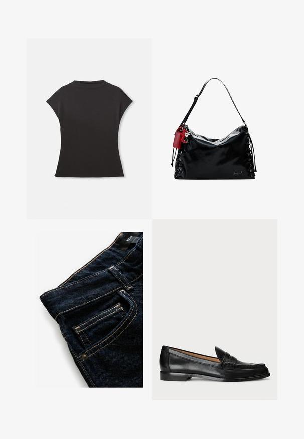 Must proov kõrvitsanööpidega lühikeste varrukatega topp kõrge kaelusega ja mugava lõikega. Valmistatud pehmest kangast, millel on sile tekstuur. Ilma nähtavate mustrite või graafikateta.; Tumedad sinised teksapüksid kontrastsete oranžide õmblustega, millel on eesmine tasku, nupukujundus ja sile tekstuur.; Lauren Ralph Lauren WYNNIE - Jalga libistatavad jalanõud - black; Must mustraheh, millel on lõtv disain, külgedelt nööridega detailid ja punane aktsent silt. Omab pikka reguleeritavat rihma.