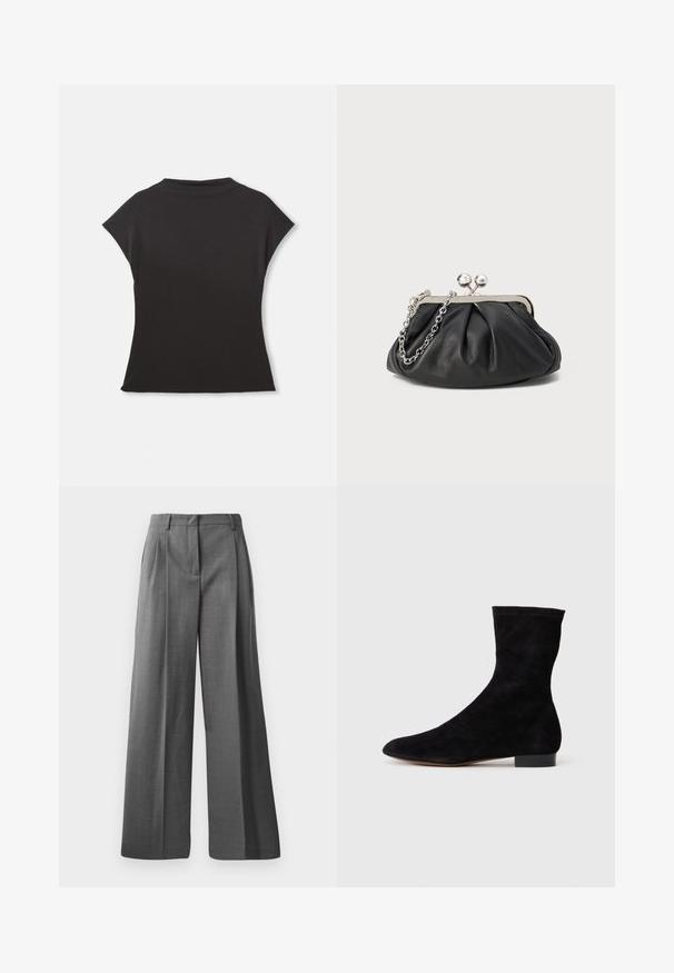 Černý krátký rukáv top s vysokým výstřihem a volným střihem. Vyrobeno z měkké látky s hladkým povrchem. Bez viditelných vzorů nebo grafik.; Šedé kalhoty s širokými nohavicemi vyrobené z texturované látky s jemným vzorem. Hodí se s předními sklady a pasem s poutky na pásek.; Černá nubuková kotníková bota s úzkým svrškem, špičatou špičkou a nízkým blokovým podpatkem. Hladká textura a minimalistický design, vhodné pro všestranné styling.; Černá kožená kabelka s nabíranou texturou, stříbrný kovový rám, uzávěr na klips a řetízkový popruh. Hladký, jemný povrch.
