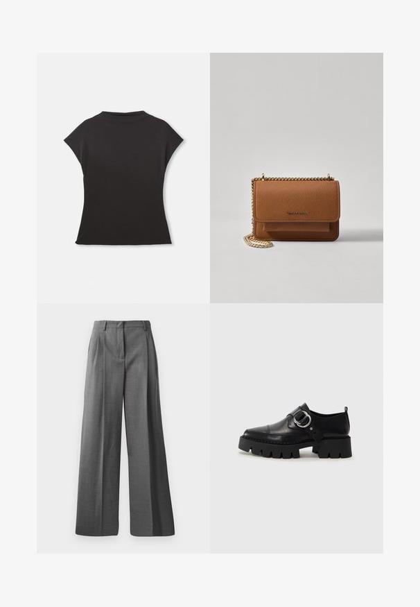 Črn kratkonožni top z visokim ovratnikom in sproščenim krojem. Narejen iz mehke tkanine z gladko teksturo. Brez vidnih vzorcev ali grafike.; Sive široke hlače iz teksturirane tkanine z diskretnim vzorcem. Imajo sprednje pliseje in pas z okovji za pas.; Črne usnjene čevlje z debelim, rebrastim podplatom, ki imajo okroglo srebrno kovinsko dodatno opremo in minimalne šive.; Rjava teksturirana usnjena torba čez ramo z zlatim verižnim trakom in zapiranjem na pokrov. Spredaj je vidna podrobnost logotipa in žep pod pokrovom.