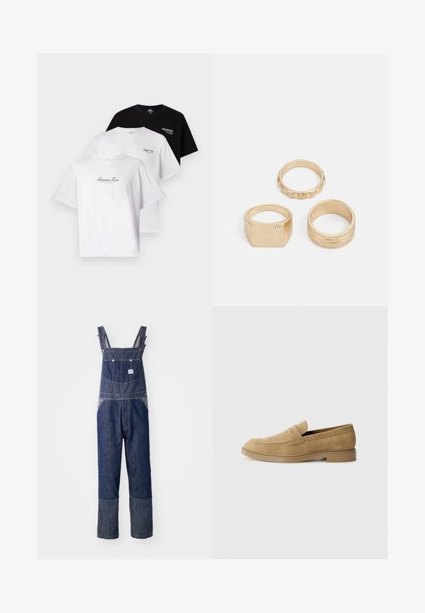 Tris marškinėlių pakuotėje: vieni juodi, du balti. Trumpomis rankovėmis, apykaklė su apvaliu iškirpimu, ant krūtinės yra teksto grafika kontrastingomis spalvomis. Pagaminti iš medvilnės.; Mėlyni džinsiniai kombinezonai su dryžuotais pečiais, turintys priekinius kišenes ir kontrastingą dryžuotą raštą ant šonų. Į komplektą įeina reguliuojamos petnešos.; Smėliniai odiniai loaferiai su apvaliu pirštu, žemu blokuoto kulno ir siūlėmis ant viršutinės dalies. Lygi tekstūra ir minimalistiškas dizainas.; Trys auksiniai žiedai: kvadratinis žiedas su mažu akmeniu, tekstūruotas žiedas su briaunomis ir lygus, poliruotas žiedas su dviem grioveliais.